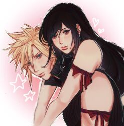  1boy 1girl arm_ribbon arms_around_neck bare_shoulders black_hair black_shirt black_vest blonde_hair blue_eyes blush closed_mouth cloud_strife couple earrings final_fantasy final_fantasy_vii final_fantasy_vii:_advent_children from_side gradient_background heart hetero hug hug_from_behind jewelry leaning_on_person lips long_hair looking_at_viewer pink_background pink_lips popped_collar red_eyes red_ribbon ribbon shirt short_hair sleeveless sleeveless_shirt spiky_hair star_(symbol) tifa_lockhart upper_body vest yoobie 