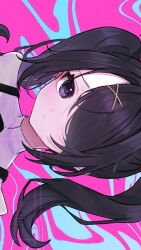  1girl ame-chan_(needy_girl_overdose) black_eyes black_hair blush closed_mouth commentary h_raj_(pixiv_93311327) hair_ornament hair_over_one_eye highres long_hair looking_at_viewer needy_girl_overdose one_eye_covered portrait sidelocks sideways solo twintails two-tone_background x_hair_ornament 