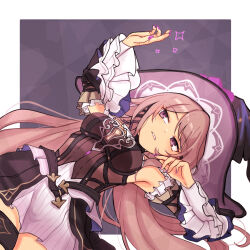  1girl arm_up hat herta_(honkai:_star_rail) honkai:_star_rail honkai_(series) long_hair lying mondai_(hdtx8485) on_back purple_nails sleeveless solo very_long_hair violet_eyes witch_hat 
