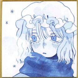  1girl blue_eyes blue_scarf blue_theme commentary hair_between_eyes hat highres kz_m_i maribel_hearn medium_hair mob_cap open_mouth scarf snowflake_print solo touhou traditional_media white_hat winter_clothes 
