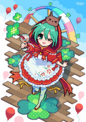  >_o 1girl ;d absurdres animal_on_head apron artist_name bad_carrd_link bad_link balloon blush cup dot_nose double-parted_bangs dress drinking_glass frilled_apron frilled_dress frills full_body green_eyes green_hair green_pantyhose hair_between_eyes highres holding holding_cup hood hood_up hooded_dress looking_at_viewer mimpish on_head one_eye_closed open_mouth original pantyhose pixel_art red_dress red_shoes shoes short_hair short_sleeves smile solo standing white_apron wolf wooden_floor 