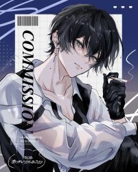  1boy absurdres barcode black_gloves black_hair cigarette collared_shirt commission crossed_bangs earrings gloves grey_eyes head_tilt heart highres holding holding_cigarette jewelry long_sleeves looking_at_viewer male_focus mole mole_on_neck original see-through_clothes see-through_sleeves shirt smoke smoke_trail solo wu_yuuri 