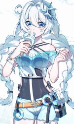  1girl absurdres artist_name black_one-piece_swimsuit blue_eyes blue_shirt braid commentary cutescookie food highres holding holding_food holding_ice_cream holding_ice_cream_cone honkai_(series) honkai_impact_3rd ice_cream ice_cream_cone kiana_kaslana kiana_kaslana_(divine_prayer) kiana_kaslana_(sea_&amp;_breeze) long_hair one-piece_swimsuit shirt shorts signature solo swimsuit twin_braids very_long_hair white_hair white_shorts 