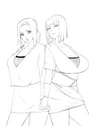  2girls armor blonde_hair breasts chainmail commentary_request fishnets greyscale guataiguatai highres holding_hands large_breasts mabui_(naruto) miniskirt monochrome multiple_girls naruto_(series) ninja samui_(naruto) short_hair skirt 