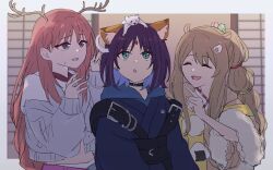  3girls animal_ears animal_on_head antlers ayatsumugi_roka black_choker blue_hair brown_hair cho_kaguya-hime! choker colored_inner_hair deer_antlers egg_hair_ornament ferret food food-themed_hair_ornament forehead_jewel fox_ears fur_trim hair_ornament highres horns ini_yoy isayama_mami long_braid long_sleeves midriff multicolored_hair multiple_girls on_head onigiri open_mouth pointing purple_hair red_hair sakayori_iroha sleeves_past_wrists small_sweatdrop squirrel_ears two-tone_hair upper_body violet_eyes 
