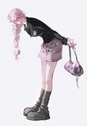  1girl bag black_jacket braid closed_mouth commentary_request contemporary eilie_(witch's_island) full_body grey_shoes grey_socks highres holding holding_bag jacket jewelry korean_commentary leaning_forward necklace official_artist_extra pink_hair pink_skirt plaid_bag ppotatornado red-framed_eyewear red_eyes shoes single_braid skirt socks solo white_background witch's_island 