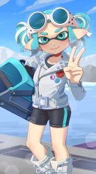  1girl aqua_eyes aqua_hair belt bike_shorts black_shorts blue_sky boots closed_mouth clouds commentary_request dread_wringer_(splatoon) eyewear_on_head grey_jacket highres holding holding_weapon inkling inkling_girl inkling_player_character jacket lens_flare mizututigi mountainous_horizon outdoors pointy_ears shorts sky smile solo splatoon_(series) standing sunglasses tentacle_hair v weapon white_boots zipper 