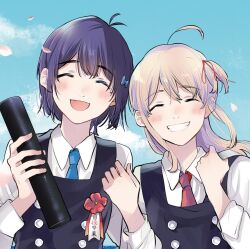  2girls :d ^_^ ahoge amano_konatsu antenna_hair artist_name bag bag_charm belt black_dress blue_necktie blue_sky blush buttons charm_(object) closed_eyes collared_shirt copyright_name cover cover_page day diploma diploma_tube double-breasted dress facing_viewer falling_petals flower frog graduation grey_hair grin hagino_makoto hair_ribbon hand_up hands_up happy highres holding holding_diploma honami_koyuki locked_arms long_hair long_sleeves manga_cover missing_commentary mole mole_under_eye multiple_girls necktie nettaigyo_wa_yuki_ni_kogareru ocean official_art one_side_up open_mouth outdoors petals pinafore_dress purple_hair red_flower red_necktie red_ribbon ribbon shirt short_hair shoulder_bag sky sleeveless sleeveless_dress smile tube white_shirt 