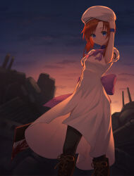  1girl back_bow beret black_thighhighs blood blood_on_weapon blue_eyes blue_wrist_cuffs boots bow bowtie brown_boots commentary dress hanavvi hand_on_own_hat hat highres higurashi_no_naku_koro_ni looking_at_viewer nata_(tool) orange_hair purple_bow purple_bowtie ryuuguu_rena solo standing thigh-highs weapon white_dress white_hat wrist_cuffs 