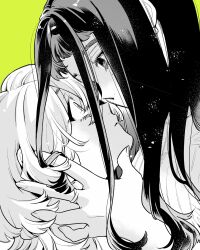  2girls battan8 character_request copyright_request forehead-to-forehead green_background greyscale_with_colored_background hands_on_another's_head heads_together highres long_hair looking_at_another multiple_girls parted_lips portrait short_hair sidelocks simple_background wide-eyed 