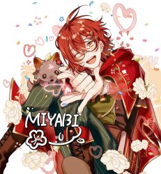  12_myurume 1boy ;d bespectacled blush book book_holster boots braid braided_bangs brown_boots button_eyes buttons cape commentary confetti flower fold-over_boots glasses green_pants hair_ornament hairclip hanasaki_miyabi hanasaki_miyabi_(5th_costume) happy highres holostars hood hood_down hooded_cape knees_together_feet_apart leaf_hair_ornament male_focus official_alternate_costume one_eye_closed open_mouth pants pinstripe_pants pinstripe_pattern red_cape red_hair sitting smile solo striped_clothes striped_pants stuffed_animal stuffed_toy stuffed_wolf teeth untranslatable_commentary upper_teeth_only vertical-striped_clothes vertical-striped_pants virtual_youtuber white_flower yellow_eyes 