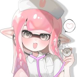  :d blush commentary_request dot_nose fang grey_eyes hat heart highres holding holding_stethoscope inkling inkling_girl inkling_player_character long_hair looking_at_viewer mtmt_mo0 nurse nurse_cap open_mouth pink_hair pointy_ears short_sleeves signature simple_background skin_fang smile splatoon_(series) spoken_heart stethoscope tentacle_hair white_background 