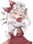  1girl apple blush bow crystal dress flandre_scarlet food fruit hair_between_eyes half-closed_eyes hands_up hat hat_bow highres holding holding_food holding_fruit looking_at_viewer mob_cap one_side_up parted_lips pink_eyes puffy_short_sleeves puffy_sleeves red_bow red_dress red_eyes short_hair short_hair_with_long_locks short_sleeves simple_background solo sorani_(kaeru0768) touhou white_background wings wrist_cuffs 