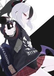  1girl absurdres aiming aiming_at_viewer backpack bag black_background black_hair black_hoodie blue_archive blue_bag clothes_writing commentary cowboy_shot demon_girl demon_horns earclip from_side grey_halo gun halo handgun highres holding holding_gun holding_weapon hood hood_down hoodie horns kayoko_(blue_archive) miniskirt multicolored_hair oto_jampan plaid_clothes plaid_skirt pleated_skirt ponytail red_eyes red_skirt sidelocks skirt solo suppressor two-tone_background two-tone_hair v-shaped_eyebrows weapon white_background white_hair 