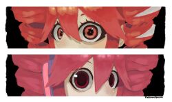  2girls border branchpuzzle commentary drill_hair dual_persona eye_focus hair_ribbon headphones highres kasane_teto kasane_teto_(sv) kasane_teto_(utau) multiple_girls pink_eyes pink_hair red_eyes red_hair ribbon synthesizer_v twin_drills untranslatable_commentary utau white_border 