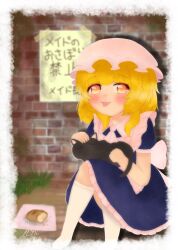  1girl :p animal_on_lap ascot back_bow black_cat blonde_hair blue_dress blush border bow bread brick_wall cat cat_on_lap commentary_request dress food frilled_dress frilled_dress_collar frills hat highres kneehighs maid mob_cap napkin on_ground on_lap original petting short_sleeves signature sitting socks solo tongue tongue_out translation_request usamerry_22 white_ascot white_border white_hat white_socks yellow_eyes 