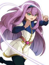  1girl 4nka_marine belt black_hairband black_pantyhose black_shoes blue_shirt commentary dress gold_trim green_eyes hairband heart highres inazuma_eleven_(series) inazuma_eleven_go inazuma_eleven_go_chrono_stone index_finger_raised light_blush meia_(inazuma_eleven) no_pupils open_mouth pantyhose pink_belt purple_hair shirt shoes smile solo white_background white_dress 