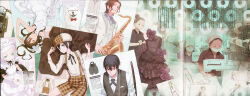  2boys 3girls absurdres androgynous apron bespectacled black_eyes black_hair bow bowtie bride brough_superior brown_hair buttons cake coat collar colored_eyebrows deerstalker dog dress eating enmaided food frilled_dress frills glasses green_eyes hair_bun hair_spread_out hat headscarf hermes_(kino_no_tabi) highres holding holding_instrument holding_plate holding_saxophone instrument kino_no_tabi kuroboshi_kouhaku looking_at_viewer lying maid maid_apron maid_headdress mannequin mask motor_vehicle motorcycle mouth_mask multiple_boys multiple_girls official_art on_back overalls parted_bangs people plaid_clothes plate red-framed_eyewear red_bow red_bowtie riku_(kino_no_tabi) saxophone scan scan_artifacts sewing sewing_machine sheath shirt shizu_(kino_no_tabi) short_hair shorts single_hair_bun sitting sleeveless smoking_pipe suit tea_(kino_no_tabi) third-party_source tomboy translation_request utensil_in_mouth white_dress white_hair white_shirt white_suit working 