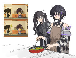  2girls apron black_choker black_hair black_jacket black_kimono brown_apron choker closed_mouth cooking cowboy_shot frying_pan grey_eyes highres holding holding_frying_pan holding_spatula housho_margo jacket japanese_clothes kimono kurobe_nanoka long_hair long_sleeves mahou_shoujo_no_majo_saiban multiple_girls reference_inset short_hair spatula standing sweatdrop tomodachi_life tomodachi_life:_living_the_dream twintails violet_eyes white_background wuubaiwan 