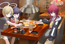  3girls absurdres bandage_on_cheek black_choker black_gloves black_jacket blonde_hair blue_archive booth_seating bow bowl bowtie choker chopsticks closed_eyes commentary_request cooking cup fingerless_gloves food gloves grey_eyes grey_sailor_collar grey_shirt grey_skirt grill grilling hair_between_eyes halo helmet_gang_officer_(blue_archive) helmet_gangster_(blue_archive) highres holding holding_chopsticks holding_tongs hood hooded_jacket jacket kokolokokomika long_hair long_skirt long_sleeves looking_at_viewer meat missing_headwear multiple_girls neckerchief open_mouth purple_hair rabu_(blue_archive) raw_meat red_hair red_halo red_shirt restaurant sailor_collar sharp_teeth shirt short_hair sitting skirt sliced_meat smile smoke soy_sauce table teeth tongs tongue tongue_out white_halo yakiniku yellow_bow yellow_bowtie yellow_neckerchief 