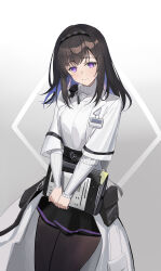  1girl absurdres arknights black_bow black_bowtie black_hair black_hairband black_pantyhose bow bowtie checkered_hairband chinese_commentary clipboard coat colored_inner_hair commentary_request cowboy_shot diamond-shaped_pupils diamond_(shape) fengshengruyu folder gradient_background grey_background hair_intakes hairband high-waist_skirt highres holding holding_clipboard holding_folder id_card lab_coat long_hair looking_at_viewer multicolored_hair open_clothes open_coat pantyhose priestess_(arknights) ribbed_collar ribbed_sweater skirt smile solo sweater symbol-shaped_pupils turtleneck turtleneck_sweater two-tone_bow two-tone_bowtie violet_eyes white_bow white_bowtie white_coat white_sweater 