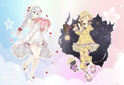  2girls alternate_costume animal_slippers blonde_hair blunt_bangs blush bow briar_rose_(sinoalice) closed_mouth commentary_request grey_eyes hair_bow hat heart heart-shaped_pillow highres holding holding_instrument holding_trumpet instrument long_hair long_single_sidelock multiple_girls nightcap nightgown pajamas petals pillow plant purple_bow red_bow red_petals ribbon robe shiro_snow short_hair shorts sinoalice sleepy slippers smile snow_white_(sinoalice) star_(symbol) star_print thorns trumpet twintails vines watermark white_hair 