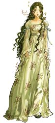  1girl 2026 black_hair black_outline black_shoes blue_ribbon blush breasts closed_mouth collarbone commentary curly_hair dated dress dress_ribbon empire_waist expressionless floral_print floral_print_dress flower full_body hair_flower hair_ornament hair_over_shoulder highres juliet_sleeves long_dress long_hair long_sleeves looking_to_the_side middle_part original outline parted_bangs pink_flower pink_lips pipopubebu print_dress puffy_sleeves ribbon see-through_clothes see-through_sleeves shoes signature simple_background sleeves_past_wrists small_breasts solo sparkle square_neckline standing star_(symbol) thick_eyebrows twitter_username underbust untranslatable_commentary very_long_hair white_background white_dress white_ribbon wide_sleeves yellow_eyes 