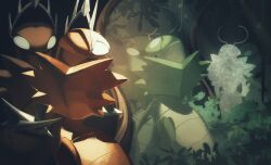  antennae arthropod_boy blank_eyes cogwork_dancers_(hollow_knight) colored_skin commentary corvus_noctis from_behind green_prince_(hollow_knight) highres hollow_knight hollow_knight:_silksong leaf mantis_boy mirror plant reflection robot vines white_eyes 