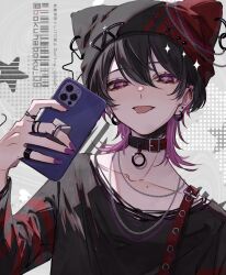  1boy absurdres animal_ears animal_hat black_hair black_shirt blush bokuhaboku cat_hat collar commentary_request earrings fake_animal_ears grey_background hat highres jewelry long_sleeves looking_at_viewer male_focus mole mole_on_chest mullet multicolored_shirt multiple_earrings multiple_rings nail_polish original pink_eyes pink_hair purple_nails red_collar red_shirt ring shirt solo star_(symbol) tongue tongue_out 