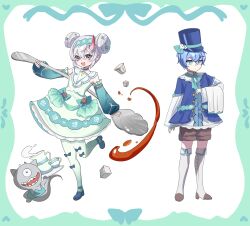  1boy 1girl absurdres alternate_costume blue_eyes blue_hair blue_hat blue_jacket blue_shirt brown_shorts commentary_request double_bun dress edgar_(neverness_to_everness) green_dress grey_hair hair_bun hat highres holding holding_spoon horns jacket looking_at_viewer neverness_to_everness picdung sakiri_(neverness_to_everness) shirt short_hair shorts single_horn spoon 