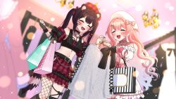  2girls :d bag black_choker black_hair blush bow bow_choker bow_legwear choker commentary dress english_commentary erenshu fangs fingerless_gloves fishnets gloves hair_ornament heart heart_hair_ornament heartsync highres indie_virtual_youtuber kumu_cotton leg_bow midriff multicolored_hair multiple_girls navel pink_hair raccoon_girl raccoon_tail raki_kazuki shopping shopping_bag skirt smile star_(symbol) star_hair_ornament stomach streaked_hair tail white_hair 