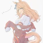  1girl animal_ears blonde_hair blue_eyes breasts ear_bow gold_city_(umamusume) grey_background gym_uniform horse_ears horse_girl horse_tail inutose jacket long_hair long_sleeves looking_at_viewer looking_to_the_side off_shoulder open_clothes open_jacket open_mouth red_jacket red_shorts shirt short_sleeves shorts small_breasts smile solo standing tail twitter_username umamusume upper_body white_shirt 