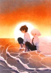  2boys absurdres akinashi_haru backlighting barefoot beach black_hair blue_eyes closed_eyes collared_shirt from_side highres lossy-lossless male_focus multiple_boys necktie non-web_source ocean official_art outdoors pants pants_rolled_up partially_submerged profile ruuya1124 saihate_eki scan scenery self-scan shirt sitting sunset tatsunami_shion wet wet_clothes white_hair white_shirt 