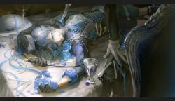  2boys blue_flower blue_hair blue_petals blue_rose buttons ciel_phantomhive commentary_request earrings eyelashes eyepatch feet_out_of_frame flower gloves hat holding holding_riding_crop jacket jewelry kuroshitsuji legwear_garter letterboxed long_sleeves lying male_focus multiple_boys neptune_hi on_back on_table ouji_fashion out_of_frame petals pinned riding_crop rose sebastian_michaelis short_hair shorts solo_focus table white_gloves 