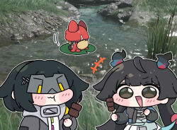  3girls :d :t animal_ears arknights arknights:_endfield beleullin black_coat black_hair blindfold_mask blonde_hair blush_stickers brown_eyes cape chen_qianyu_(arknights) chibi chibi_only coat commentary dragon_girl dragon_horns eating endministrator_(arknights) female_endministrator_(arknights) food game_screenshot_background grey_mask highres holding holding_food holding_skewer hood hood_up hooded_cape horns lily_pad long_hair long_sleeves looking_at_another mask multiple_girls outdoors red_cape river rossi_(arknights) screenshot_background skewer smile twintails wolf_ears wolf_girl 