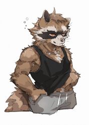  1boy absurdres animal_ears black_shirt black_tank_top closed_mouth furry furry_male grey_pants guardians_of_the_galaxy hand_in_pocket hand_under_clothes hand_under_shirt highres looking_to_the_side male_focus marvel pants raccoon_boy raccoon_ears raccoon_tail rocket_raccoon shirt sisijimakarashi sleeveless sleeveless_shirt smile squeans tail tank_top whiskers white_background 