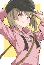  1girl commentary_request coral crossbody_bag hat highres love_live! love_live!_nijigasaki_high_school_idol_club nakasu_kasumi parka peaked_cap red_eyes short_hair smile solo thio_lovelive upper_body yellow_background 