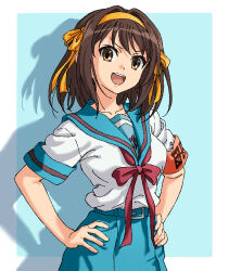  1girl :d armband belt blue_belt blue_sailor_collar blue_skirt brown_eyes brown_hair collarbone commentary_request hair_ribbon hairband hands_on_own_hips kita_high_school_uniform looking_at_viewer open_mouth red_armband red_ribbon ribbon sailor_collar school_uniform serafuku shadow shirt short_sleeves skirt smile solo standing summer_uniform suzumiya_haruhi suzumiya_haruhi_no_yuuutsu teeth tokoyasinaka tongue upper_teeth_only white_shirt yellow_hairband yellow_ribbon 
