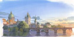  arched_window architecture blue_sky bridge building day dome highres morning no_humans original sawitou_mizuki scenery sky sunrise tower town window 