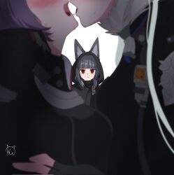  3girls after_kiss animal_ears artist_name badge black_coat black_hair blunt_bangs blurry blush close-up coat couple depth_of_field english_commentary expressionless fox_ears fox_girl french_kiss fur_trim grey_hair height_difference highres imminent_kiss kiss kudayunii light_blush long_hair looking_at_viewer multiple_girls open_mouth purple_hair red_eyes saliva saliva_trail signature sunbringer_(zenless_zone_zero) sweat swordmaster_(zenless_zone_zero) upper_body very_sweaty vike_(zenless_zone_zero) zenless_zone_zero 
