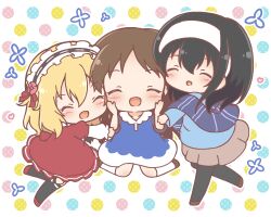  3girls :d ^_^ black_hair black_hairband black_pantyhose black_socks blonde_hair blue_dress blue_shirt blush brown_shoes brown_skirt closed_eyes commentary_request dress frilled_hairband frills girl_sandwich hair_between_eyes hairband idolmaster idolmaster_cinderella_girls kneehighs layered_sleeves long_sleeves mitarashi_neko multicolored_polka_dots multiple_girls pantyhose pleated_skirt polka_dot polka_dot_background puffy_long_sleeves puffy_short_sleeves puffy_sleeves red_dress red_shoes sagisawa_fumika sakurai_momoka sandwiched shirt shoes short_over_long_sleeves short_sleeves skirt smile socks tachibana_arisu white_background white_hairband white_socks 