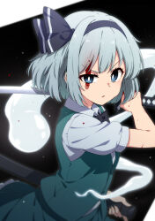  1girl absurdres black_bow black_bowtie blood blood_on_clothes blood_on_face blue_eyes bow bowtie commentary_request green_skirt green_vest hairband highres holding holding_sword holding_weapon katana konpaku_youmu konpaku_youmu_(ghost) looking_at_viewer medium_hair necono_(nekonosora1207) serious shirt short_sleeves skirt solo sword touhou translation_request vest weapon white_hair white_shirt 