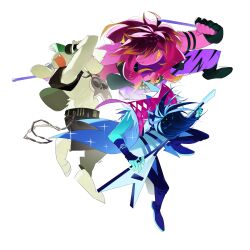  1boy 1girl 1other absurdres alternate_costume belt black_belt black_gloves black_hair black_pants black_vest blue_hair blue_skin chain chain_necklace colored_skin colored_teeth commentary deltarune drumsticks electric_guitar english_commentary furry gloves guitar hair_over_eyes highres instrument jewelry kris_(dark_world)_(deltarune) kris_(deltarune) long_hair necklace pants partially_fingerless_gloves pink_skin playing_instrument purple_pants ralsei simple_background smile susie_(dark_world)_(deltarune) susie_(deltarune) teashort1 utdr_(toby_fox) vest white_background yellow_teeth 