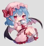  1girl ascot bat_wings blue_hair chibi cup dress full_body grey_background hat highres holding holding_cup looking_at_viewer mob_cap pink_dress red_ascot red_eyes remilia_scarlet simple_background solo teacup touhou usushio wings wrist_cuffs 