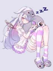  1girl asymmetrical_legwear chemise choker colored_inner_hair english_commentary frilled_chemise frilled_wrist_cuffs frills full_body gem grey_background grey_hair hair_over_one_eye hand_jewel highres holding holding_pillow hololive hololive_english jewel_under_eye koseki_bijou koseki_bijou_(pebble_pajamas) lace-trimmed_choker lace_trim long_hair looking_at_viewer magui3 mask mask_on_head metal_wings multicolored_hair official_alternate_costume pebble_(koseki_bijou) pillow pink_hair purple_gem purple_hair short_sleeves simple_background single_sock single_thighhigh sitting sleep_mask sleepy slippers socks solo spoken_zzz striped_clothes striped_socks striped_thighhighs thigh-highs uneven_legwear very_long_hair violet_eyes virtual_youtuber white_chemise white_choker wrist_cuffs zzz 