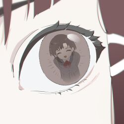  1girl arms_behind_back blazer brown_eyes brown_hair close-up closed_eyes commentary cowboy_shot english_commentary eye_reflection grey_jacket grey_skirt hair_ornament iwakura_lain jacket leaning_forward pleated_skirt reflection serial_experiments_lain short_hair sidelocks skirt standing unagi_(nakaelric) x_hair_ornament 