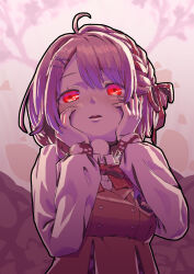  1girl 972577226 absurdres ahoge blush bow bowtie commentary_request dark_background dress hair_ornament hair_ribbon hairclip half-closed_eyes hands_on_own_cheeks hands_on_own_face highres indie_virtual_youtuber kano_(hanayori_jyoshiryou) long_sleeves looking_at_viewer monochrome open_mouth outline pink_background pink_hair puffy_sleeves purple_background red_bow red_bowtie red_dress red_eyes red_ribbon red_theme ribbon shirt short_hair solo upper_body white_shirt x_hair_ornament yandere 