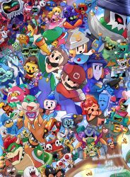  absurdres anniversary black-framed_eyewear black_hair blonde_hair bowser broom brown_hair burnadette_(mario) character_request chilliam_(mario) commentary_request connie_(mario) crown dress dulles_(mario) earrings ecks_(mario) ellow_(mario) facial_hair fangs glasses goggles goggles_on_headwear goomba hammer_bro hat heart highres holding holding_hands holding_watering_can ireen_(mario) issa_rock jewelry loog_(mario) luigi mario mario_&amp;_luigi:_brothership mario_&amp;_luigi_rpg multiple_boys multiple_girls mustache muumeeeiii overalls princess_peach red_hair sharp_teeth shun_(mario) snoutlet_(mario) sunglasses super_mario_bros. technikki_(mario) teeth ten_(mario) watering_can white_hair 