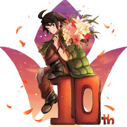  ahoge anniversary black_hair blue_eyes bouquet commentary_request green_jacket gundam gundam_tekketsu_no_orphans holding holding_bouquet jacket looking_at_viewer male_focus mikazuki_augus mondai_(hdtx8485) sitting solo 
