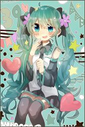  1girl 39 :d ahoge bare_shoulders black_bow black_necktie black_skirt black_sleeves black_thighhighs blue_eyes blush_stickers bow collared_shirt commentary_request contrast_collar detached_sleeves dot_nose feet_out_of_frame frilled_shirt_collar frills green_background green_hair hair_bow hair_ornament hands_up hatsune_miku heart highres long_hair long_sleeves miku_day miniskirt necktie open_mouth outline pleated_skirt shirt sitting skirt sleeveless sleeveless_shirt smile solo star_(symbol) star_hair_ornament streamers thigh-highs tie_clip twintails uenae_chiyiro vocaloid white_outline white_shirt wide_sleeves zettai_ryouiki 